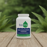 EcoEthic septic system and drain treatment bottle on a wooden surface with greenery in the background