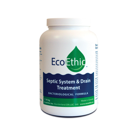 EcoEthic septic system and drain treatment container on a white background